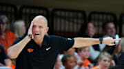 Oklahoma State coach Steve Lutz gestures during a college basketball game between the Oklahoma State Cowboys (OSU) and the Green Bay Phoenix at Gallagher-Iba Arena in Stillwater, Okla., Monday, Nov. 4, 2024.