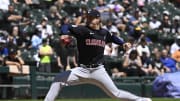 May 12, 2024; Chicago, Illinois, USA; Cleveland Guardians pitcher Logan Allen (41) delivers against the Chicago White Sox during the first inning at Guaranteed Rate Field.
