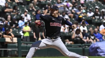 May 12, 2024; Chicago, Illinois, USA; Cleveland Guardians pitcher Logan Allen (41) delivers against the Chicago White Sox during the first inning at Guaranteed Rate Field.
