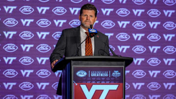 Jul 23, 2024; Charlotte, NC, USA; Virginia Tech head coach Brent Pry answers questions from the media during the ACC Kickoff at Hilton Charlotte Uptown. Mandatory Credit: Jim Dedmon-USA TODAY Sports