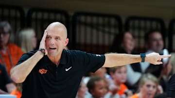 Oklahoma State coach Steve Lutz gestures during a college basketball game between the Oklahoma State Cowboys (OSU) and the Green Bay Phoenix at Gallagher-Iba Arena in Stillwater, Okla., Monday, Nov. 4, 2024.