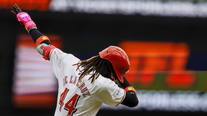 Jul 14, 2024; Cincinnati, Ohio, USA; Cincinnati Reds shortstop Elly De La Cruz (44) reacts after hitting a two-run home run in the sixth inning against the Miami Marlins at Great American Ball Park. Mandatory Credit: Katie Stratman-USA TODAY Sports