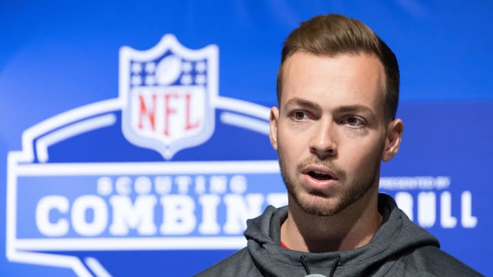 Jake Haener, former Fresno State and UW quarterback, met with the press at the NFL Combine at Lucas Oil Stadium.