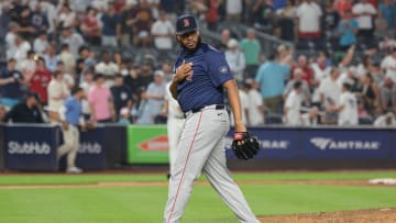 Jul 5, 2024; Bronx, New York, USA; Boston Red Sox relief pitcher Kenley Jansen (74) celebrates after closing the game against the New York Yankees at Yankee Stadium.