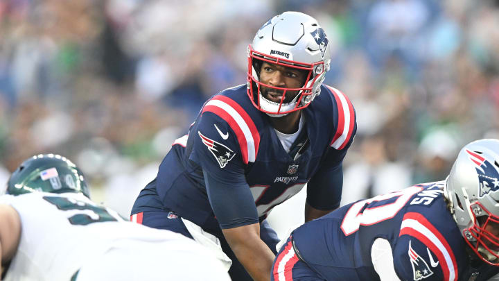 Aug 15, 2024; Foxborough, Massachusetts, USA; New England Patriots quarterback Jacoby Brissett (13) waits for the snap against the Philadelphia Eagles during the first half at Gillette Stadium. Mandatory Credit: Brian Fluharty-USA TODAY Sports