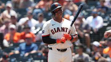 Aug 10, 2025; San Francisco, California, USA; San Francisco Giants first baseman Rafael Devers (16) reacts after a strike call during the third inning against the Washington Nationals at Oracle Park. Mandatory Credit: Darren Yamashita-Imagn Images