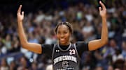 Apr 5, 2025; Tampa, FL, USA; South Carolina Gamecocks guard Bree Hall (23) participates in practice before the NCAA Woman’s Basketball final at Amalie Arena. Mandatory Credit: Nathan Ray Seebeck-Imagn Images