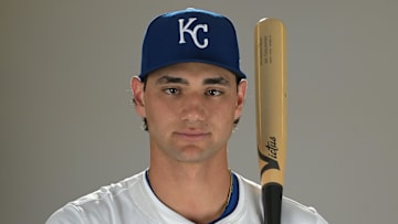 Feb 19, 2025; Surprise, AZ, USA; Kansas City Royals Jac Caglianone (14) poses for a photo during media day. Mandatory Credit: Jayne Kamin-Oncea-Imagn Images  