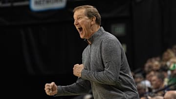 Oregon coach Dana Altman celebrates as the Ducks tie UCLA during the first half at Matthew Knight Arena in Eugene, Oregon Sunday, Dec 8, 2024.