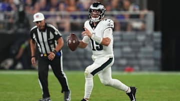 Aug 12, 2023; Baltimore, Maryland, USA; Philadelphia Eagles quarterback Ian Book (19) looks downfield in the fourth quarter against the Baltimore Ravens at M&T Bank Stadium.