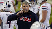 Nov 1, 2025; Boulder, Colorado, USA; Arizona Wildcats head coach Brent Brennan reacts after a touchdown by wide receiver Javin Whatley (6) in the second quarter against the Colorado Buffaloes at Folsom Field. Mandatory Credit: Ron Chenoy-Imagn Images