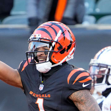 Cincinnati Bengals wide receiver Ja'Marr Chase celebrates a touchdown.