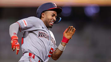 Sep 22, 2025; Atlanta, Georgia, USA; Washington Nationals shortstop Nasim Nunez (26) rounds third to score a run against the Atlanta Braves in the fifth inning at Truist Park. 