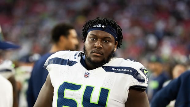 Seattle Seahawks guard Christian Haynes (64) against the Arizona Cardinals