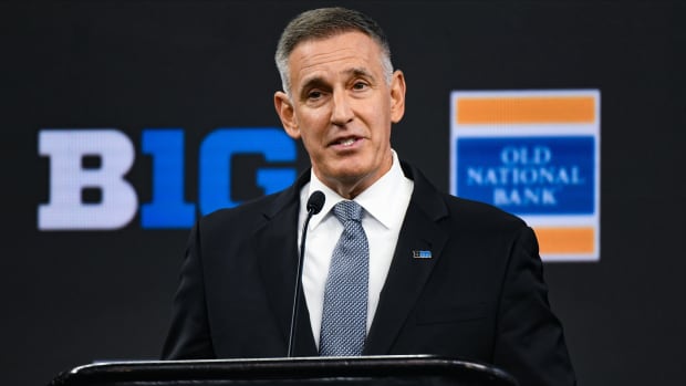 Big Ten commissioner Tony Petitti speaks to the media during Big 10 football media days at Lucas Oil Stadium.