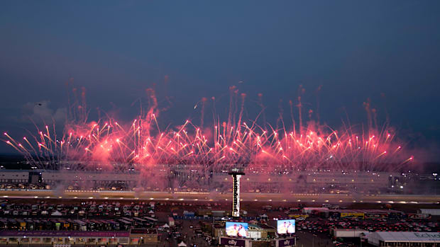 Fireworks celebrate the checkered flag during the Ally 400 at Nashville Superspeedway.