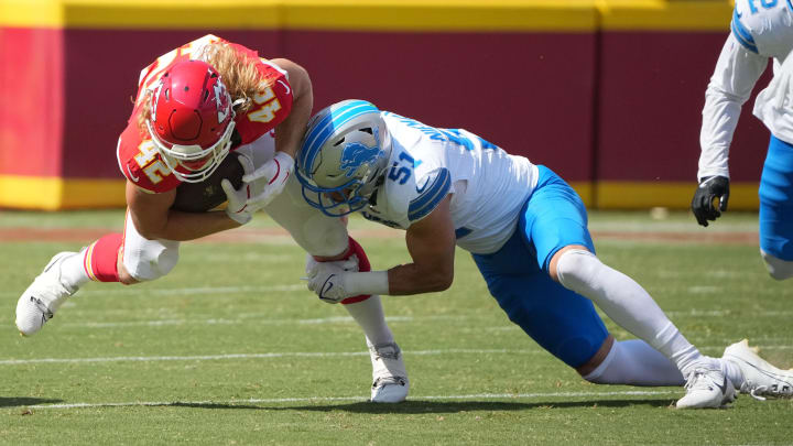 Aug 17, 2024; Kansas City, Missouri, USA; Kansas City Chiefs running back Carson Steele (42) runs the ball as Detroit Lions linebacker Ben Niemann (51) makes the tackle during the first half at GEHA Field at Arrowhead Stadium. Mandatory Credit: Denny Medley-USA TODAY Sports