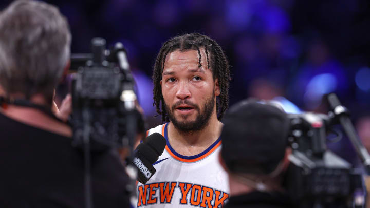 Jan 11, 2023; New York, New York, USA; New York Knicks guard Jalen Brunson (11) talks with the media during the fourth quarter against the Indiana Pacers at Madison Square Garden. Mandatory Credit: Vincent Carchietta-USA TODAY Sports