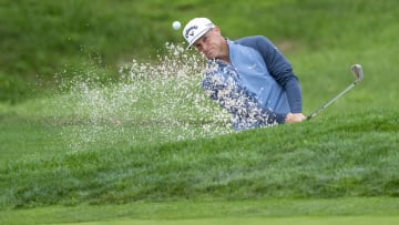 February 3, 2024; Pebble Beach, California, USA; Alex Noren hits his bunker shot on the second hole