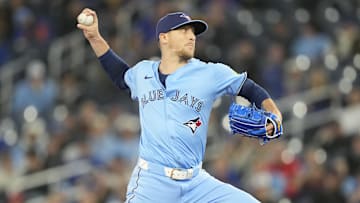 Apr 1, 2025; Toronto, Ontario, CAN; Toronto Blue Jays pitcher Jeff Hoffman (23) pitches to the Washington Nationals during the ninth inning at Rogers Centre. 