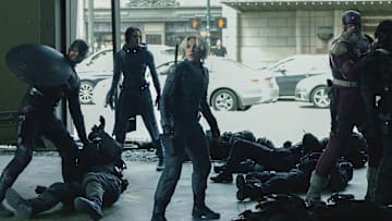 John Walker (Wyatt Russell), Ghost (Hannah John-Kamen), Yelena Belova (Florence Pugh) and Alexei Shostakov/Red Guardian (David Harbour) in Marvel Studios' THUNDERBOLTS*. Photo by Chuck Zlotnick. © 2025 MARVEL.