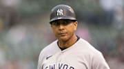 Jun 28, 2023; Oakland, California, USA;  New York Yankees third base coach Luis Rojas (67) during the fourth inning against the Oakland Athletics at Oakland-Alameda County Coliseum. Mandatory Credit: Stan Szeto-Imagn Images