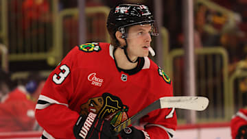 Apr 6, 2025; Chicago, Illinois, USA; Chicago Blackhawks left wing Lukas Reichel (73) warms up before the second period against the Pittsburgh Penguins at United Center. Mandatory Credit: Talia Sprague-Imagn Images