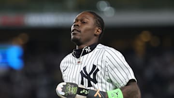 Oct 2, 2025; Bronx, New York, USA; New York Yankees second baseman Jazz Chisholm Jr. (13) runs of the field between innings during game three of the Wildcard round for the 2025 MLB playoffs against the Boston Red Sox at Yankee Stadium. Mandatory Credit: Vincent Carchietta-Imagn Images