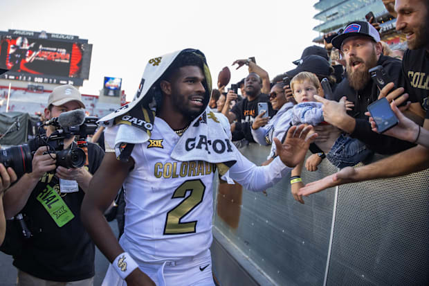 Oct 19, 2024; Tucson, Arizona, USA; Colorado Buffalos quarterback Shedeur Sanders (2) greets fans after defeating the Arizona