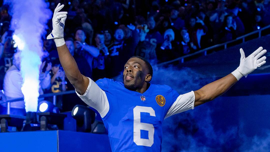 Nov 27, 2025; Detroit, Michigan, USA; Detroit Lions cornerback Terrion Arnold (6) runs onto the field prior to the game against the Green Bay Packers at Ford Field. Mandatory Credit: David Reginek-Imagn Images