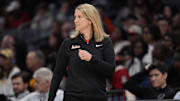 Nov 10, 2024; Charlotte, NC, USA; Virginia Tech Hokies head coach Megan Duffy during the first half against the Iowa Hawkeyes at Spectrum Center. Mandatory Credit: Jim Dedmon-Imagn Images