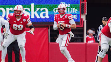 Oct 25, 2025; Lincoln, Nebraska, USA; Nebraska Cornhuskers quarterback Dylan Raiola (15) looks to throw a pass and offensive lineman Turner Corcoran (69) blocks against the Northwestern Wildcats during the third quarter at Memorial Stadium. Mandatory Credit: Dylan Widger-Imagn Images