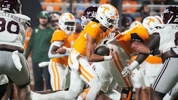 Tennessee quarterback Nico Iamaleava (8) runs with the ball during a college football game between Tennessee and Mississippi State at Neyland Stadium in Knoxville, Tenn., on Saturday, Nov. 9, 2024.