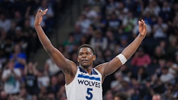 Oct 29, 2024; Minneapolis, Minnesota, USA; Minnesota Timberwolves guard Anthony Edwards (5) celebrates against the Dallas Mavericks in the third quarter at Target Center. Mandatory Credit: Brad Rempel-Imagn Images