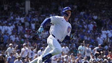 Jun 21, 2025; Chicago, Illinois, USA; Chicago Cubs outfielder Pete Crow-Armstrong (4) runs the bases after hitting a home run against the Seattle Mariners during the fifth inning at Wrigley Field. 