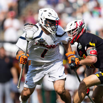 Connor Shellenberger dodges during the Virginia men's lacrosse game against Maryland in the NCAA semifinals at Lincoln Financial Field in Philadelphia.