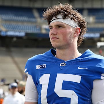 Apr 26, 2025; University Park, PA, USA; Penn State Nittany Lions quarterback Drew Allar (15) looks on following the Blue White spring game at Beaver Stadium. The White team defeated the Blue team 10-8. Mandatory Credit: Matthew O'Haren-Imagn Images