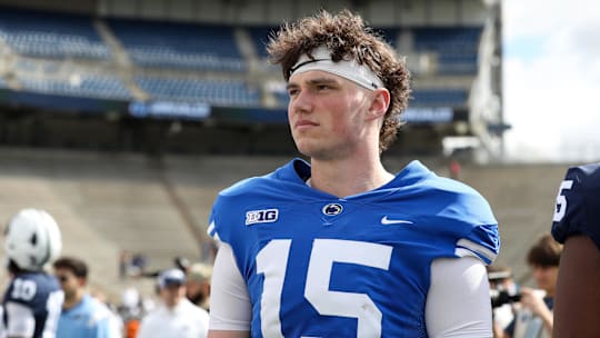 Apr 26, 2025; University Park, PA, USA; Penn State Nittany Lions quarterback Drew Allar (15) looks on following the Blue White spring game at Beaver Stadium. The White team defeated the Blue team 10-8. Mandatory Credit: Matthew O'Haren-Imagn Images