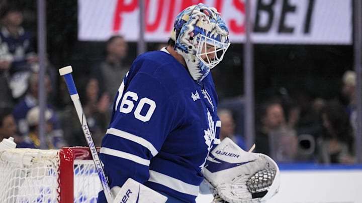 May 14, 2025; Toronto, Ontario, CAN; Toronto Maple Leafs goaltender Joseph Woll (60) during the second period of game five of the second round of the 2025 Stanley Cup Playoffs at Scotiabank Arena. Mandatory Credit: John E. Sokolowski-Imagn Images