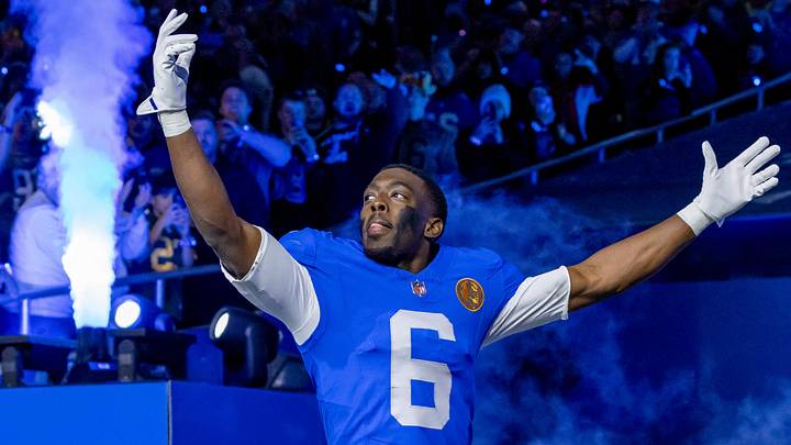 Nov 27, 2025; Detroit, Michigan, USA; Detroit Lions cornerback Terrion Arnold (6) runs onto the field prior to the game against the Green Bay Packers at Ford Field. Mandatory Credit: David Reginek-Imagn Images