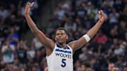 Oct 29, 2024; Minneapolis, Minnesota, USA; Minnesota Timberwolves guard Anthony Edwards (5) celebrates against the Dallas Mavericks in the third quarter at Target Center. Mandatory Credit: Brad Rempel-Imagn Images