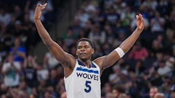Oct 29, 2024; Minneapolis, Minnesota, USA; Minnesota Timberwolves guard Anthony Edwards (5) celebrates against the Dallas Mavericks in the third quarter at Target Center. Mandatory Credit: Brad Rempel-Imagn Images