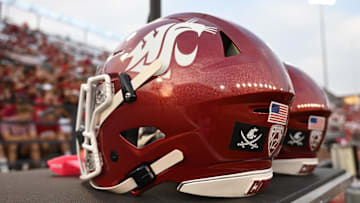 Sep 7, 2024; Pullman, Washington, USA; A pirate flag on the back of Washington State Cougars helmet in memory of Mike Leach during a game against the Texas Tech Red Raiders in the first half at Gesa Field at Martin Stadium. Mandatory Credit: James Snook-Imagn Images