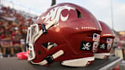 Sep 7, 2024; Pullman, Washington, USA; A pirate flag on the back of Washington State Cougars helmet in memory of Mike Leach during a game against the Texas Tech Red Raiders in the first half at Gesa Field at Martin Stadium. Mandatory Credit: James Snook-Imagn Images