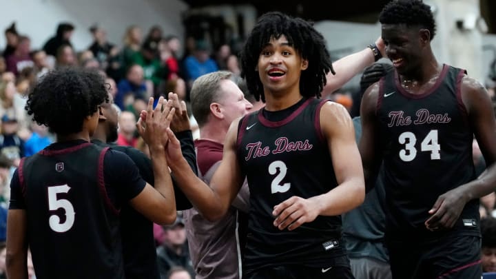 Dylan Harper (2) and Keiner Asprilla (34), of Don Bosco, hear the applause as they are taken out of the game with approximately two minutes left to go during the Bergen County Jamboree, Sunday, February 18, 2024, in Hackensack.