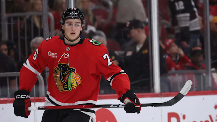 Jan 4, 2026; Chicago, Illinois, USA; Chicago Blackhawks left wing Nick Lardis (76) skates following the first period against the Vegas Golden Knights at United Center. Mandatory Credit: Talia Sprague-Imagn Images