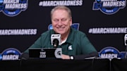 Mar 27, 2025; Atlanta, GA, USA; Michigan State Spartans head coach Tom Izzo addresses the media in a press conference during NCAA Tournament South Regional Practice at State Farm Arena.