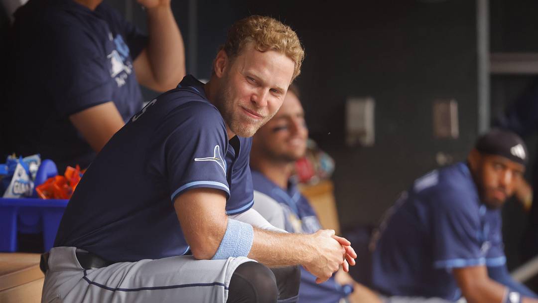 Jul 5, 2025; Minneapolis, Minnesota, USA; Tampa Bay Rays shortstop Taylor Walls (6) sits in the dugout during a minor rain delay before the start of the game with the Minnesota Twins at Target Field. Mandatory Credit: Bruce Kluckhohn-Imagn Images
