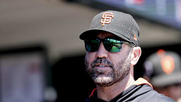May 26, 2025; Detroit, Michigan, USA;  San Francisco Giants pitcher Justin Verlander in the dugout in the first inning against the Detroit Tigers at Comerica Park. Mandatory Credit: Rick Osentoski-Imagn Images