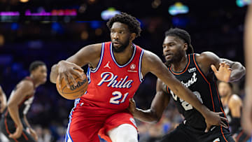 Dec 15, 2023; Philadelphia, Pennsylvania, USA; Philadelphia 76ers center Joel Embiid (21) controls